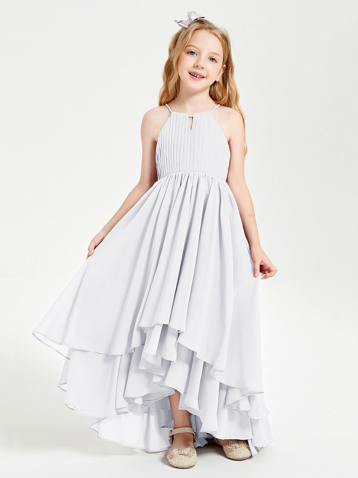 BABARONI Chiffon White Junior Bridesmaid Dresses A-line Halter