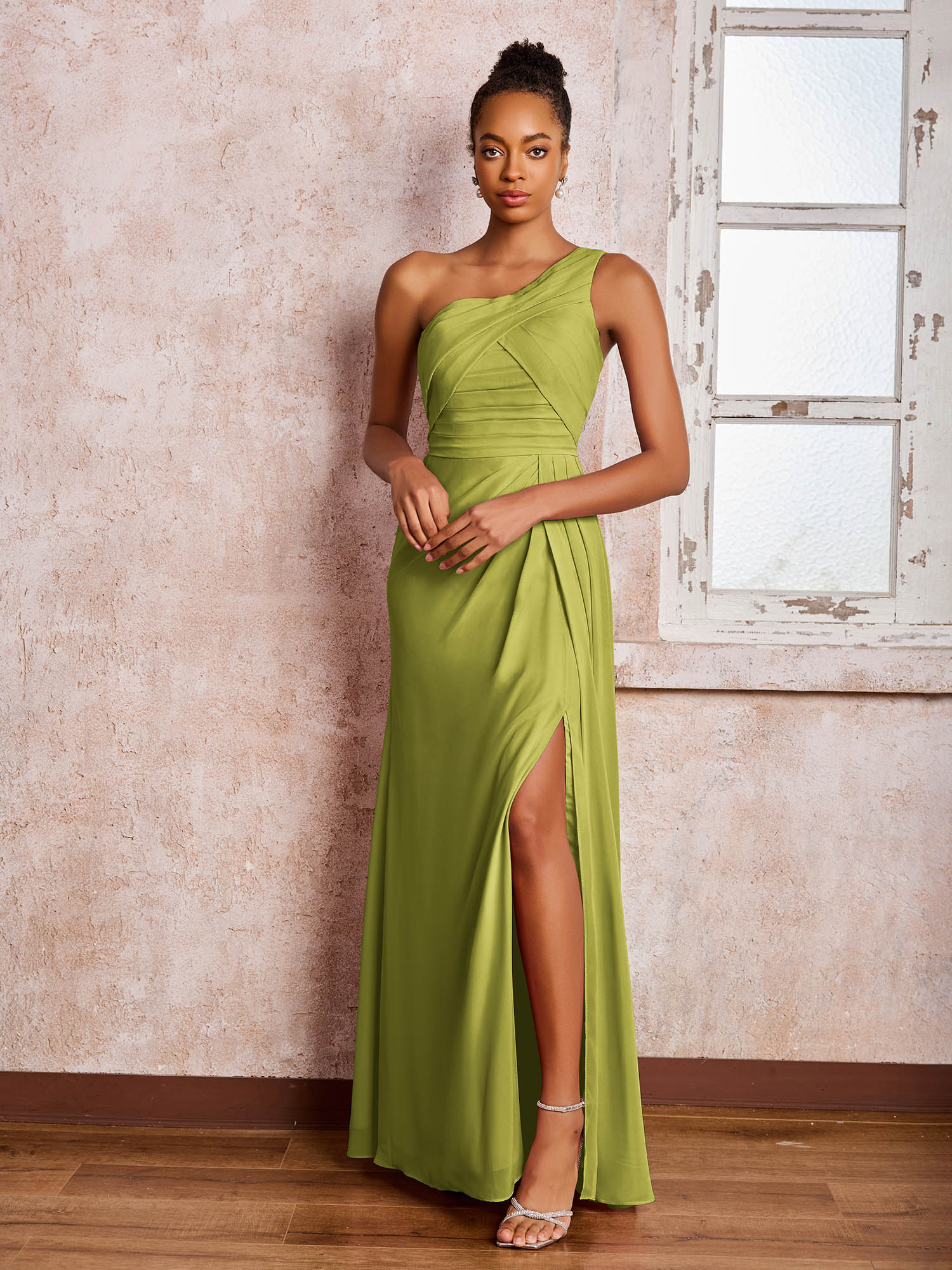 Backless One-Shoulder Pleated Chiffon Dresses with Slit Clover  BABARONI