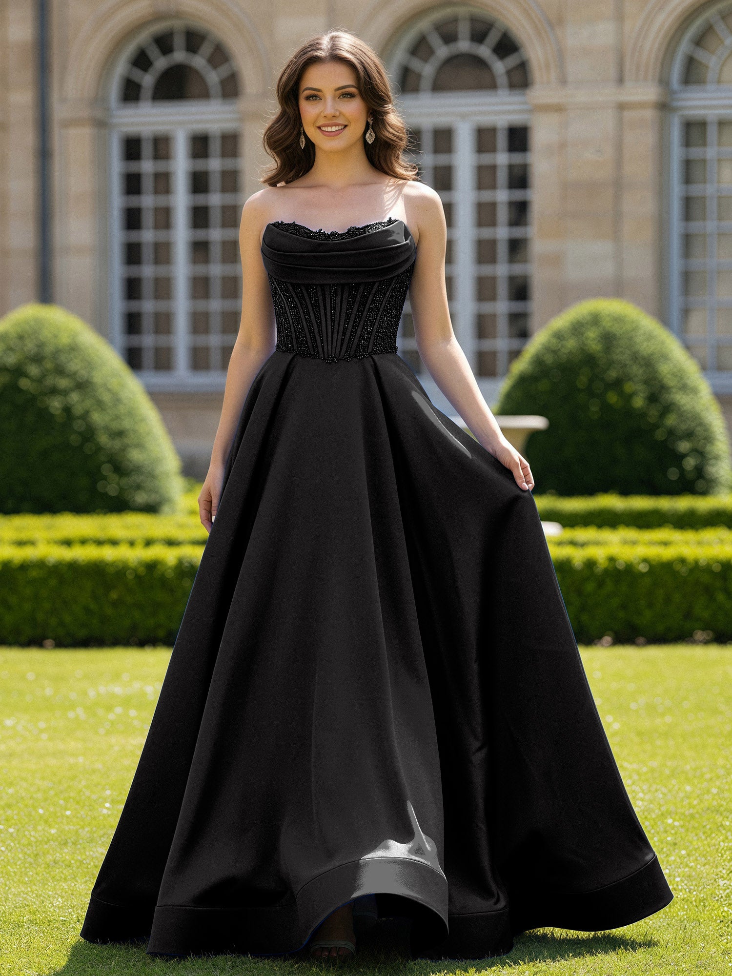 BABARONI Satin Black Prom Dresses Ball Gown Strapless Appliqued Beaded