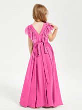 Chiffon Junior Bridesmaid Dresses Lace Flutter Sleeves Scoop Neck Azalea