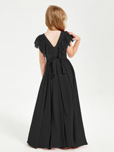 Chiffon Junior Bridesmaid Dresses Lace Flutter Sleeves Scoop Neck Black