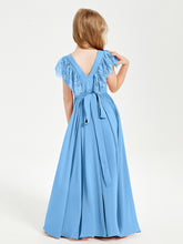Chiffon Junior Bridesmaid Dresses Lace Flutter Sleeves Scoop Neck Blue