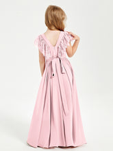 Chiffon Junior Bridesmaid Dresses Lace Flutter Sleeves Scoop Neck Blushing Pink