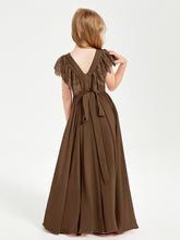 Chiffon Junior Bridesmaid Dresses Lace Flutter Sleeves Scoop Neck Brown
