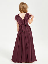 Chiffon Junior Bridesmaid Dresses Lace Flutter Sleeves Scoop Neck Cabernet