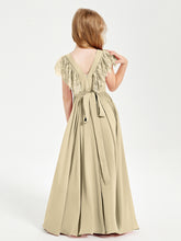 Chiffon Junior Bridesmaid Dresses Lace Flutter Sleeves Scoop Neck Champagne