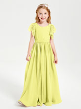 Chiffon Junior Bridesmaid Dresses Lace Flutter Sleeves Scoop Neck Daffodil