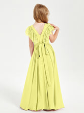 Chiffon Junior Bridesmaid Dresses Lace Flutter Sleeves Scoop Neck Daffodil