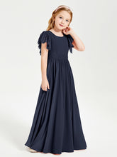 Chiffon Junior Bridesmaid Dresses Lace Flutter Sleeves Scoop Neck Dark Navy