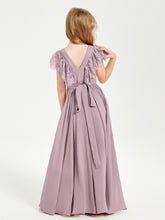 Chiffon Junior Bridesmaid Dresses Lace Flutter Sleeves Scoop Neck Dusk