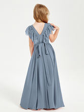 Chiffon Junior Bridesmaid Dresses Lace Flutter Sleeves Scoop Neck Dusty Blue