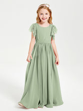Chiffon Junior Bridesmaid Dresses Lace Flutter Sleeves Scoop Neck Dusty Sage