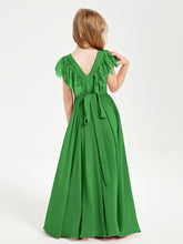 Chiffon Junior Bridesmaid Dresses Lace Flutter Sleeves Scoop Neck Green