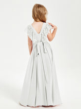 Chiffon Junior Bridesmaid Dresses Lace Flutter Sleeves Scoop Neck Ivory