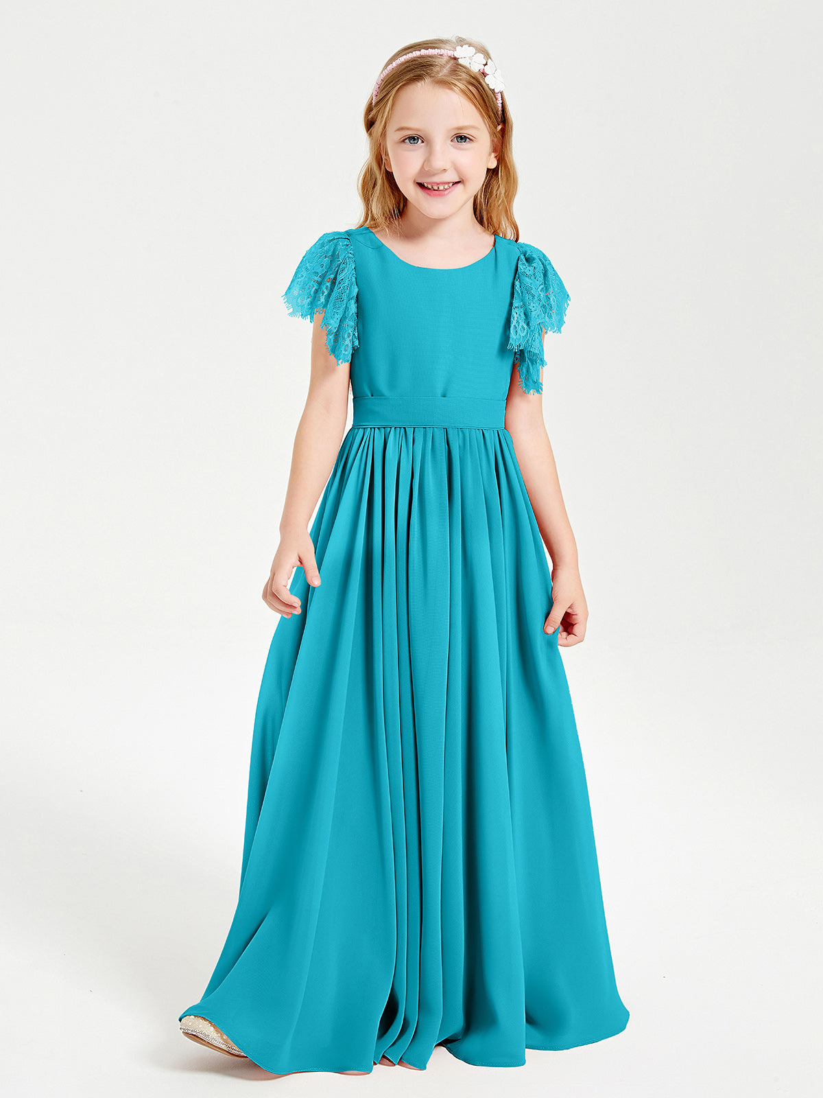 h&m white and blue floral dress BABARONI Chiffon Junior Bridesmaid Dresses Lace Flutter Sleeves Scoop Neck Jade, Jade / J4