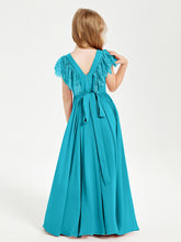 Chiffon Junior Bridesmaid Dresses Lace Flutter Sleeves Scoop Neck Jade