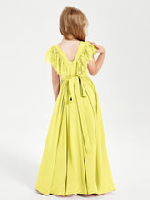 Chiffon Junior Bridesmaid Dresses Lace Flutter Sleeves Scoop Neck Lemon