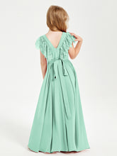 Chiffon Junior Bridesmaid Dresses Lace Flutter Sleeves Scoop Neck Mint Green