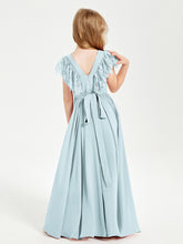 Chiffon Junior Bridesmaid Dresses Lace Flutter Sleeves Scoop Neck Mist