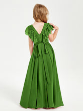 Chiffon Junior Bridesmaid Dresses Lace Flutter Sleeves Scoop Neck Moss