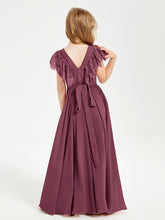 Chiffon Junior Bridesmaid Dresses Lace Flutter Sleeves Scoop Neck Mulberry
