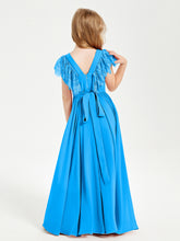 Chiffon Junior Bridesmaid Dresses Lace Flutter Sleeves Scoop Neck Ocean Blue