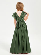 Chiffon Junior Bridesmaid Dresses Lace Flutter Sleeves Scoop Neck Olive Green