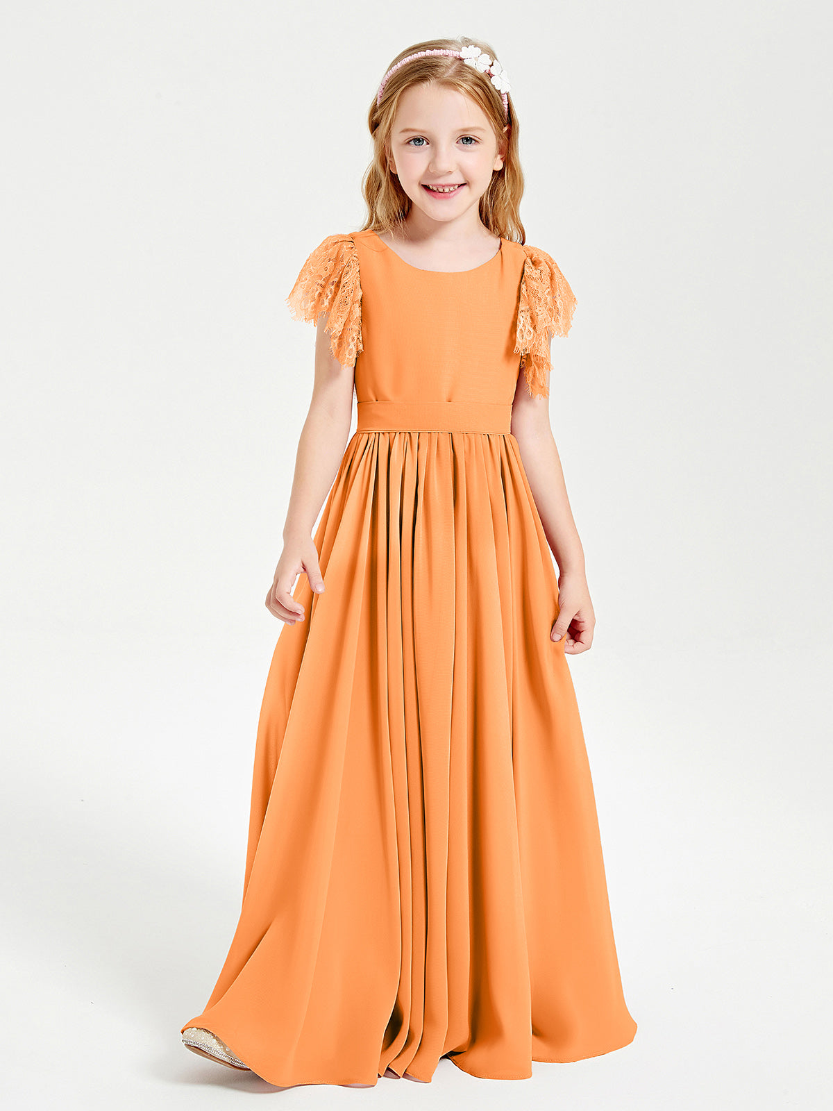 Halter Neck Pleated Long Chiffon Junior Bridesmaid Dress Orange