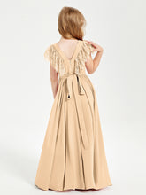 Chiffon Junior Bridesmaid Dresses Lace Flutter Sleeves Scoop Neck Peach