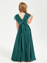 Chiffon Junior Bridesmaid Dresses Lace Flutter Sleeves Scoop Neck Peacock