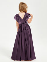 Chiffon Junior Bridesmaid Dresses Lace Flutter Sleeves Scoop Neck Plum