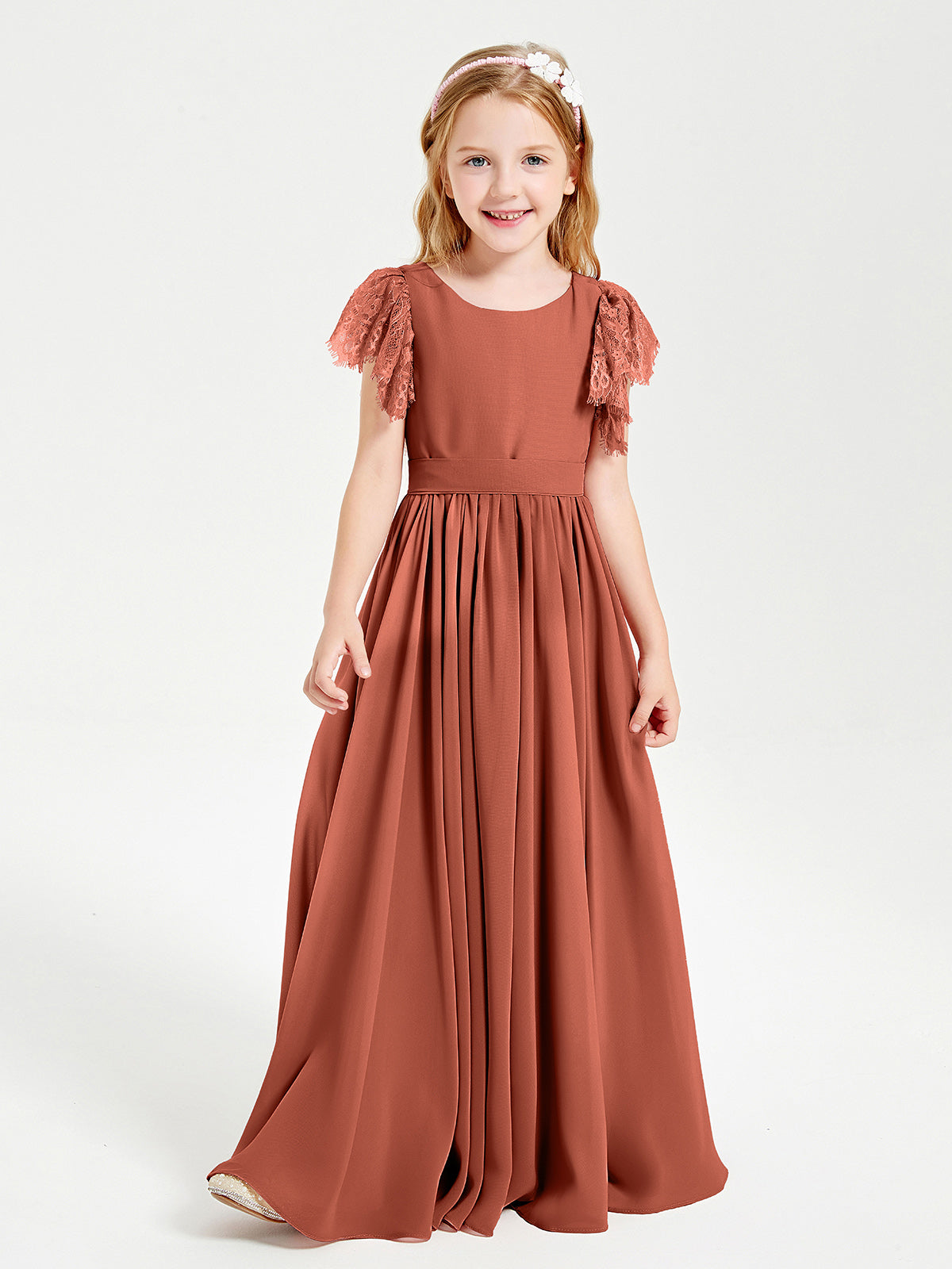 Scoop Neckline Lace Chiffon Junior Bridesmaid Dresses Tangerine