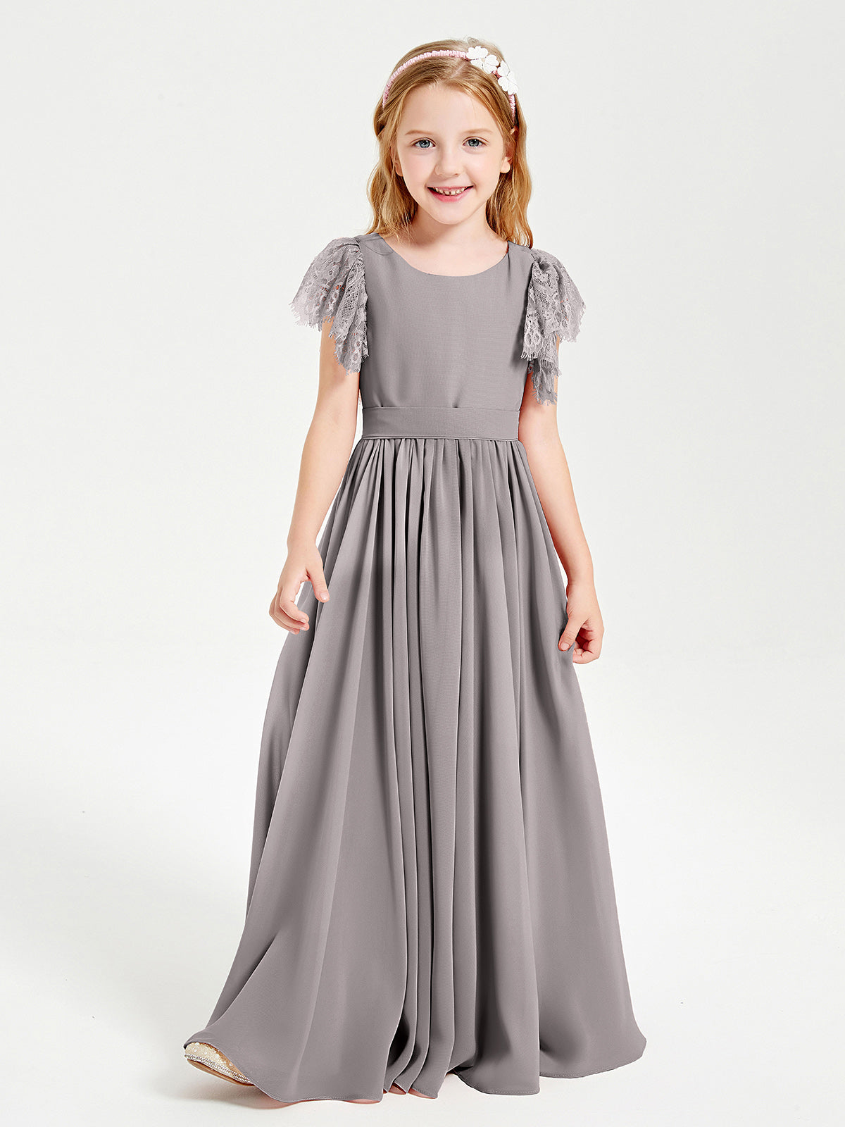 Flutter Sleeves Chiffon Junior Bridesmaid Dresses With Sash Black main image 1