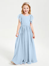 Chiffon Junior Bridesmaid Dresses Lace Flutter Sleeves Scoop Neck Sky Blue