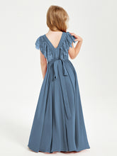 Chiffon Junior Bridesmaid Dresses Lace Flutter Sleeves Scoop Neck Slate Blue