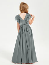 Chiffon Junior Bridesmaid Dresses Lace Flutter Sleeves Scoop Neck Steel Grey