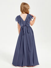 Chiffon Junior Bridesmaid Dresses Lace Flutter Sleeves Scoop Neck Stormy