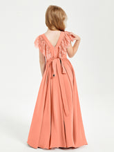 Chiffon Junior Bridesmaid Dresses Lace Flutter Sleeves Scoop Neck Sunset