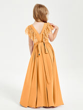 Chiffon Junior Bridesmaid Dresses Lace Flutter Sleeves Scoop Neck Tangerine