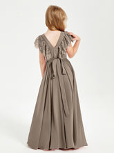 Chiffon Junior Bridesmaid Dresses Lace Flutter Sleeves Scoop Neck Taupe