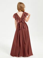Chiffon Junior Bridesmaid Dresses Lace Flutter Sleeves Scoop Neck Terracotta