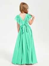 Chiffon Junior Bridesmaid Dresses Lace Flutter Sleeves Scoop Neck Turquoise