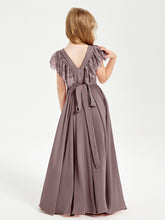 Chiffon Junior Bridesmaid Dresses Lace Flutter Sleeves Scoop Neck Vintage Mauve