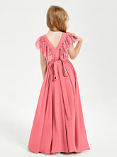 Chiffon Junior Bridesmaid Dresses Lace Flutter Sleeves Scoop Neck Watermelon