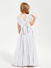 Chiffon Junior Bridesmaid Dresses Lace Flutter Sleeves Scoop Neck White