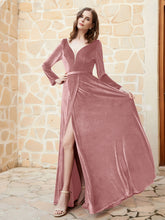 Long Sleeves Plunging V-Neck Velvet Dress With Slit Dusty Rose Plus Size