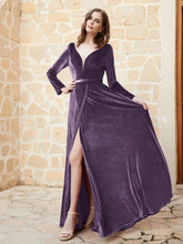 Long Sleeves Plunging V-Neck Velvet Dress With Slit Plum Plus Size