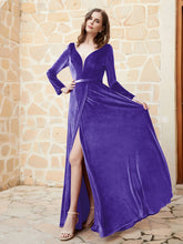 Long Sleeves Plunging V-Neck Velvet Dress With Slit Regency Plus Size