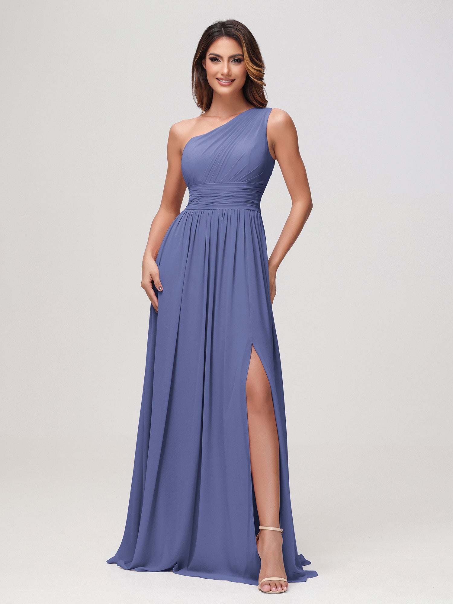 BABARONI Chiffon Periwinkle Bridesmaid Dresses One Shoulder Floor