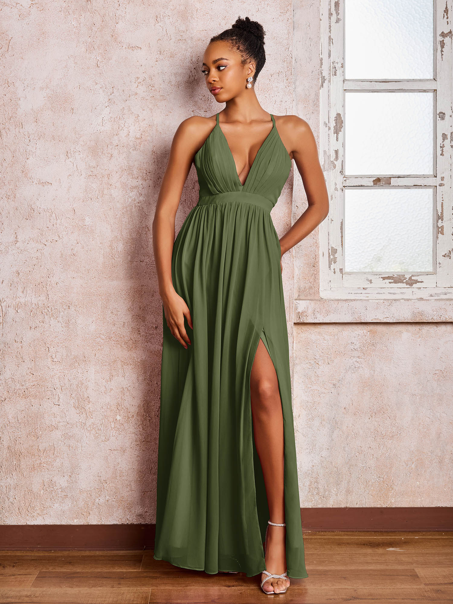 V-neck Criss-Cross Straps Ruched Chiffon Floor-length Dresses Sky Blue
